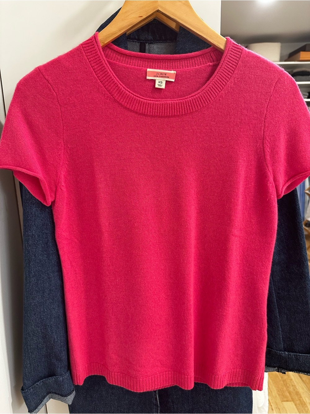 J. Crew Bright Pink Short-Sleeve Cashmere Crewneck Sweater